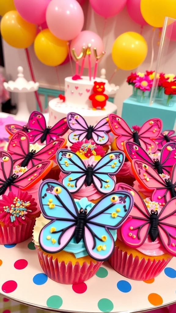 A platter of butterfly cupcakes with colorful frosting and sprinkles in a festive setting.
